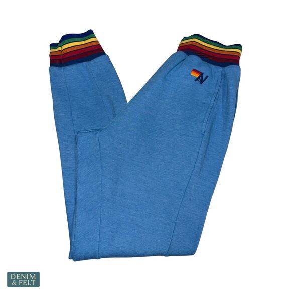 Aviator Nation Rainbow Stripe Sweatpants Blue Retro Coastal Cozy Luxe Joggers SM